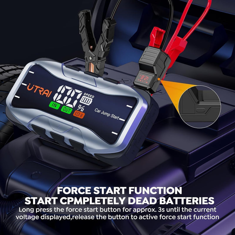 UTRAI Car Battery Booster Jump Starter, 6000A Battery Booster Pack (up to All 12V Gas or 12L Diesel), 65W Fast Charge, DC160W, 12V Car Jump Starter with LED Light, Jumper Cables, Storage Case