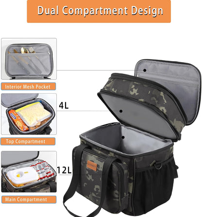 Expandable Large Lunch Bag, Double Deck Insulated Lunch Box Leakproof Durable Soft Cooler Bag for Men Women Adults Work Construction Beach Picnic Daytrip,16L,Black, GLENKEY