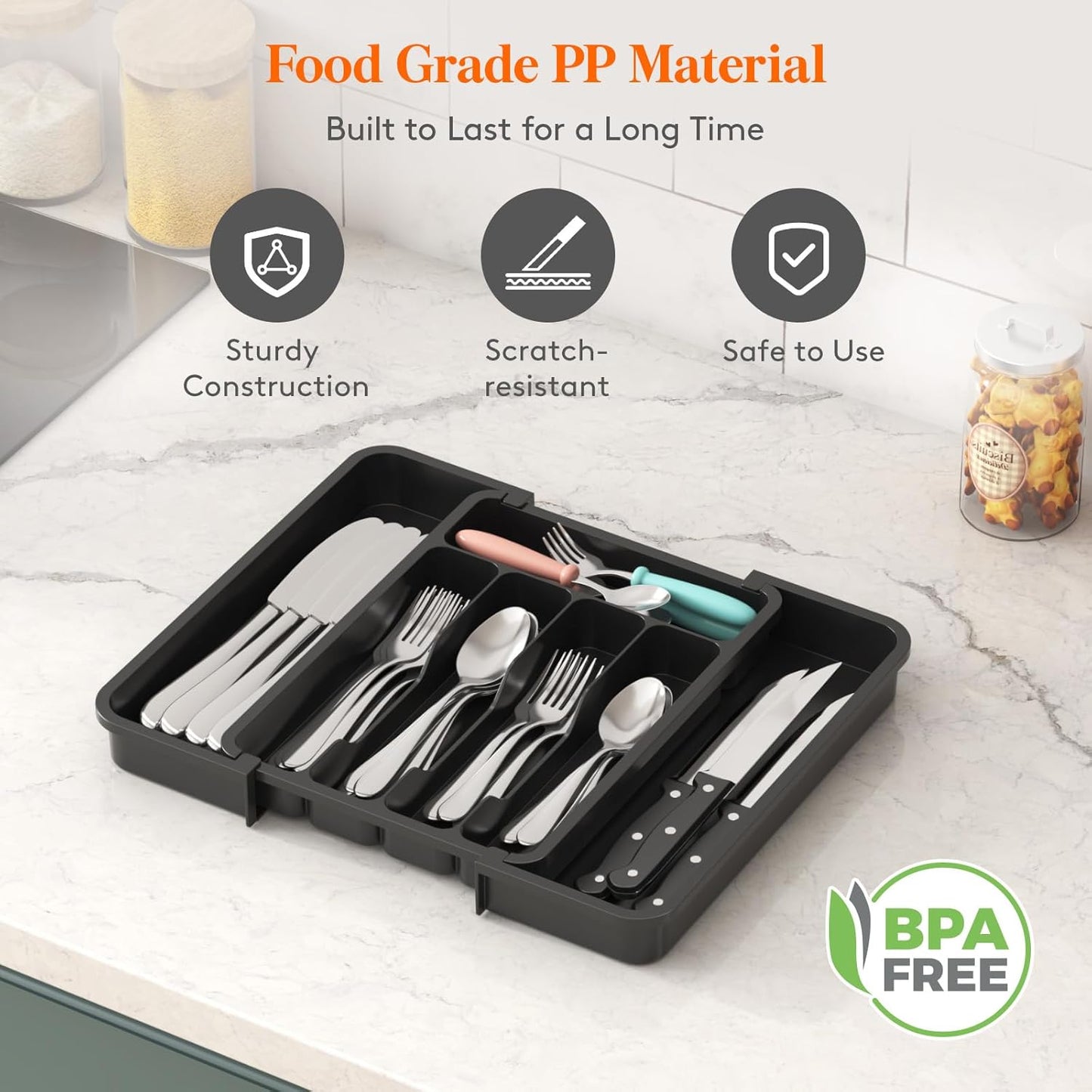 Lifewit Cutlery Organizer, Expandable Utensil Organizer for Kitchen, Utensil Holder, Adjustable Cutlery Rack Organizer for Spoons, Knives, Kitchen Organizers and Storage, Black