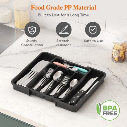 Lifewit Cutlery Organizer, Expandable Utensil Organizer for Kitchen, Utensil Holder, Adjustable Cutlery Rack Organizer for Spoons, Knives, Kitchen Organizers and Storage, Black