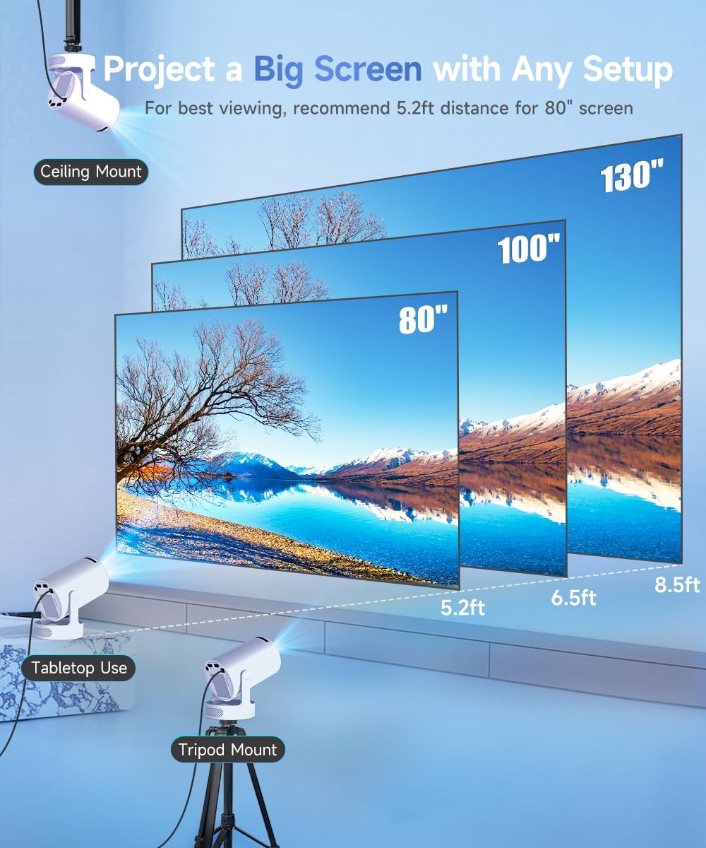 Mini Projector, Portable Smart Proyector, 5w Soundbase Speaker, WiFi 6 and Bluetooth 5.4, Auto Vertical Keystone 4K Decoding 180° Rotatable Projecteur for Home Video Bedroom (Manual Focus & White)