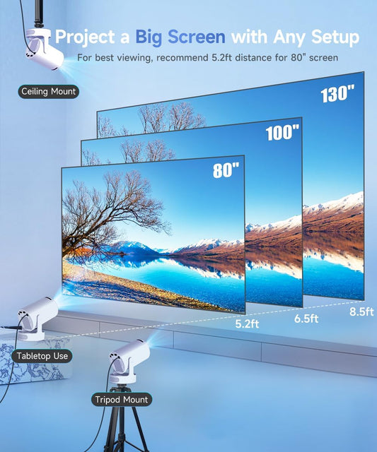 Mini Projector, Portable Smart Proyector, 5w Soundbase Speaker, WiFi 6 and Bluetooth 5.4, Auto Vertical Keystone 4K Decoding 180° Rotatable Projecteur for Home Video Bedroom (Manual Focus & White) - PuriLite