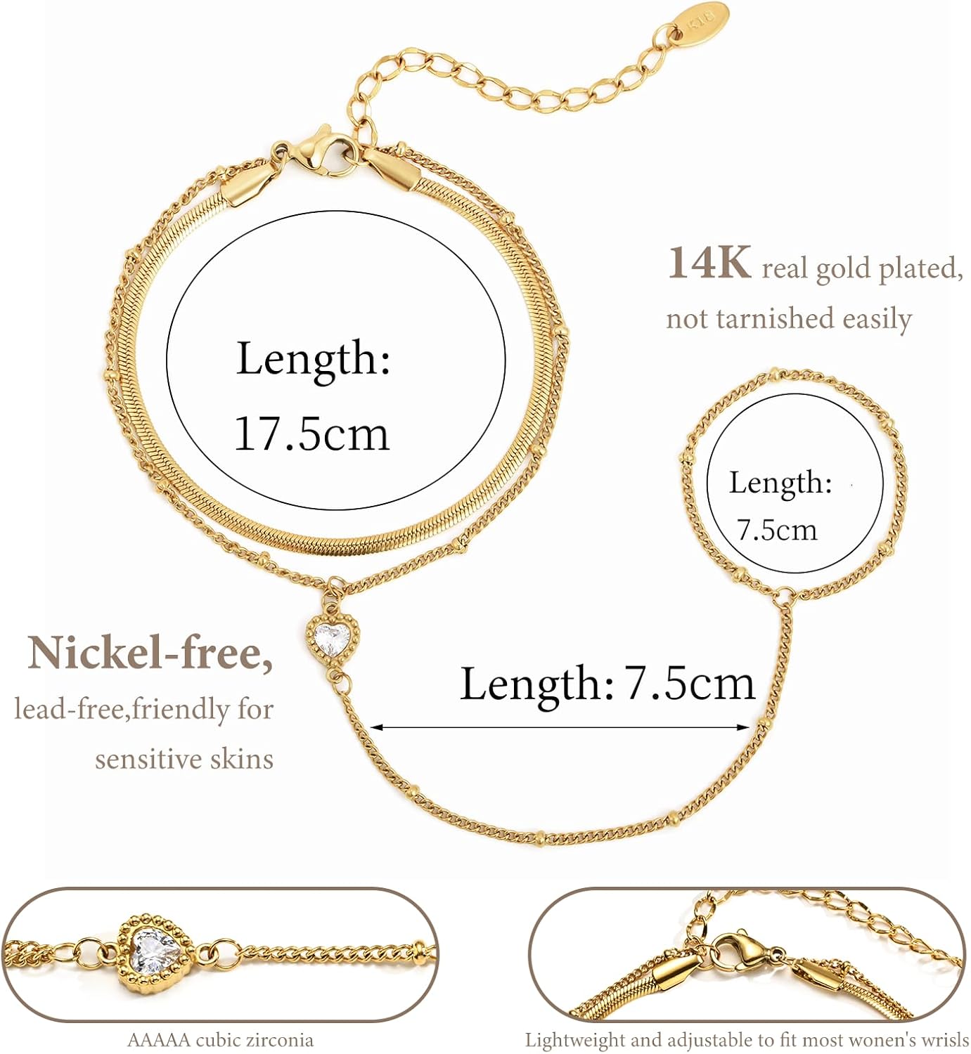 Hand Chain Ring Bracelet For Women, 14k Gold Plated Dainty Cubic Zirconia Minimalist Finger Ring Bracelet, Trendy Stuff Jewelry Gifts To Wife Girfriend Daughter Sister BBF, 17.5cm/7.5cm
