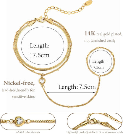 Hand Chain Ring Bracelet For Women, 14k Gold Plated Dainty Cubic Zirconia Minimalist Finger Ring Bracelet, Trendy Stuff Jewelry Gifts To Wife Girfriend Daughter Sister BBF, 17.5cm/7.5cm