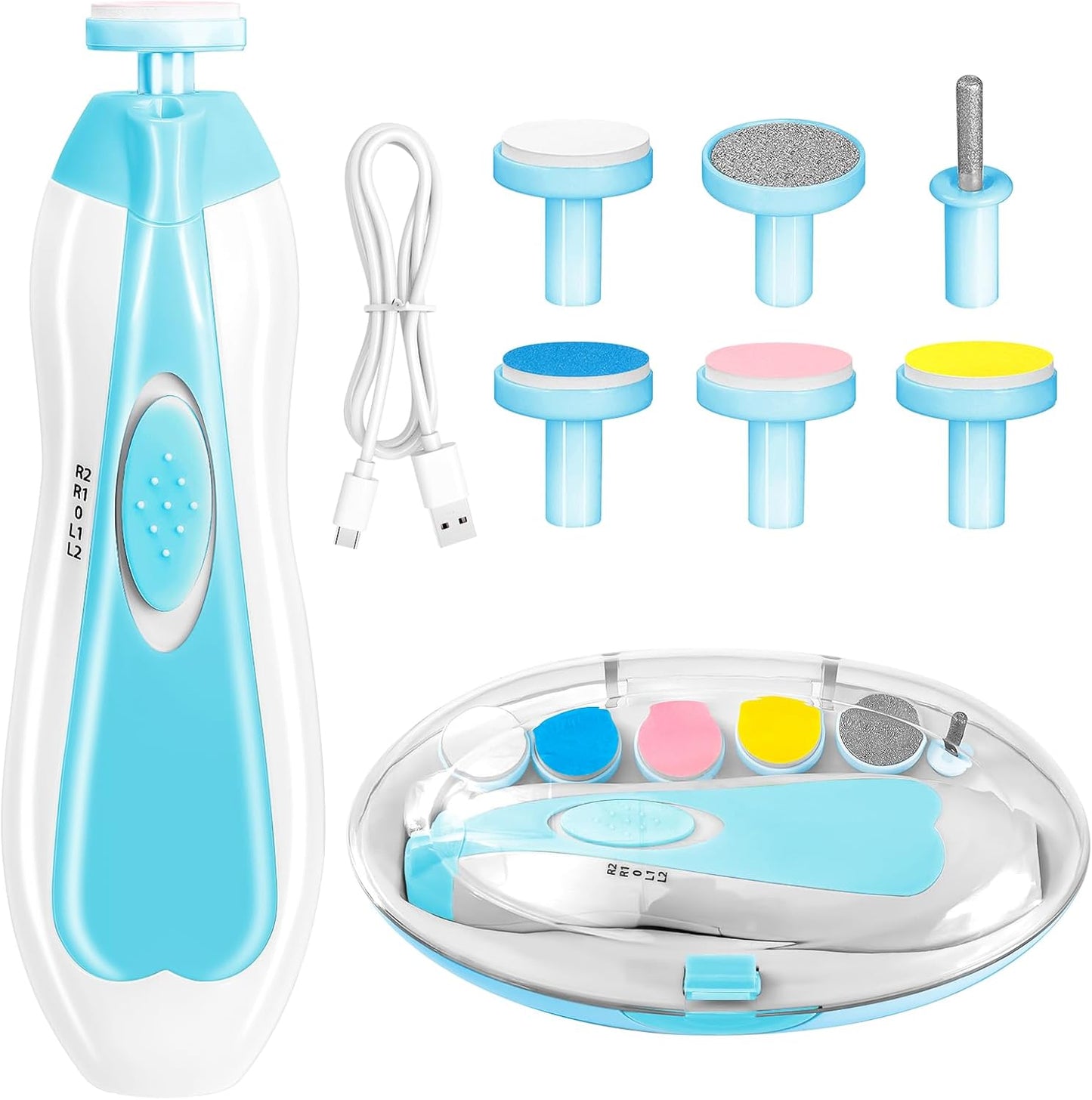 Qunlions life Electric Nail File Drill for Baby, No Sharp Claws Hurt, 6 in 1 Safety Cutter Trimmer Clipper for Toes and Fingers (Blue)