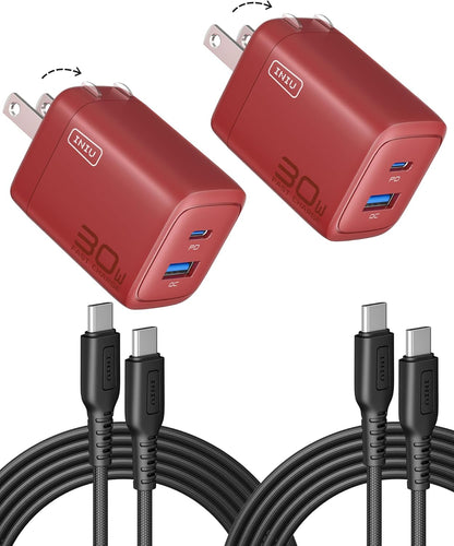 INIU USB C Charger, 2-Pack 30W PD QC 3.0 Dual Port Fast Charging Type C Charger Block With 5ft USB-C Cable, Compact USB C Wall Charger with Foldable Plug for iPhone 16 15 14 Pro Max Samsung S23, White