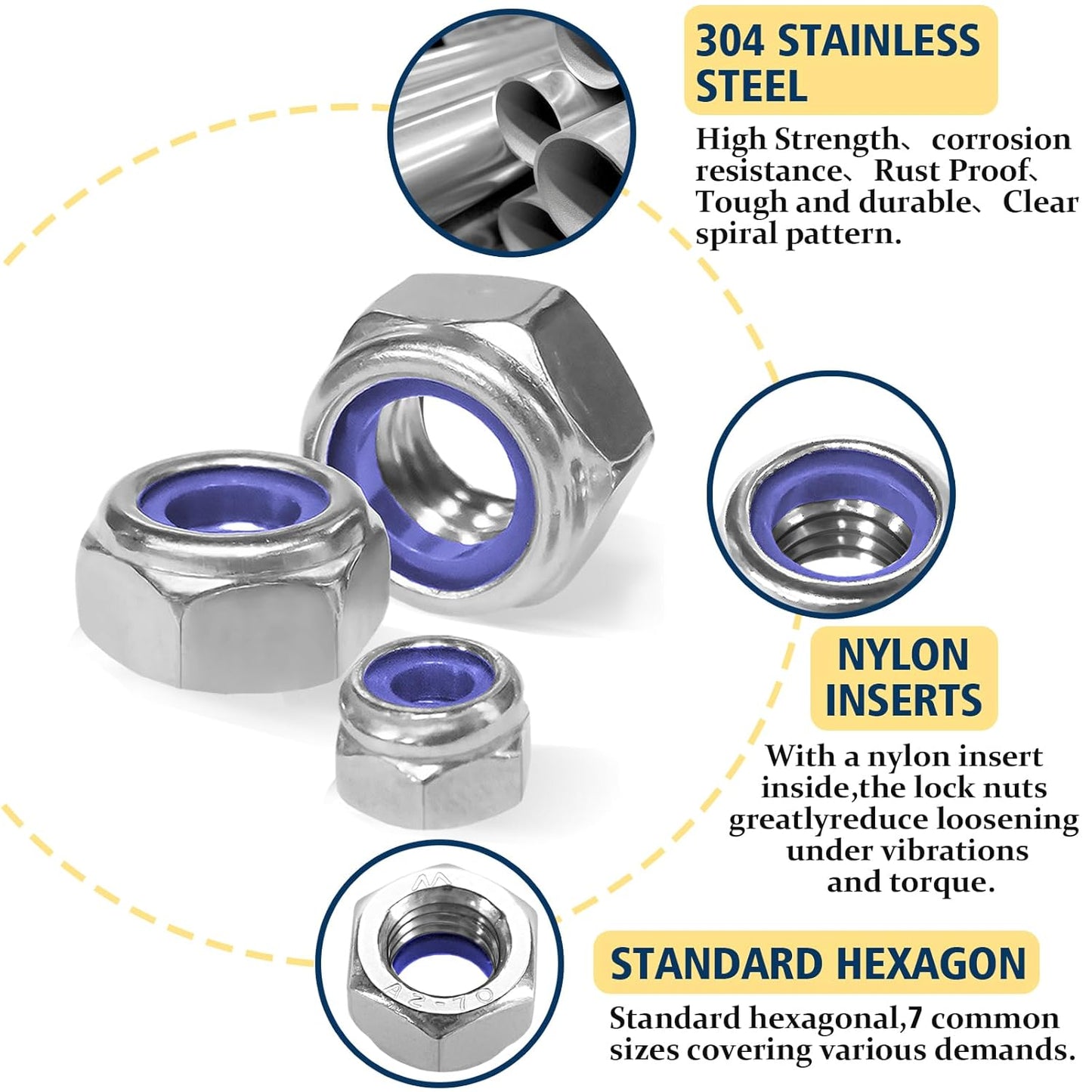 Vifmy 110 Pack 1/4"-20 Inch Lock Nuts,304 (A2-70) Stainless Steel Nylon Insert Locknuts,Standard Inch Thread Nylock Nuts for Bolts