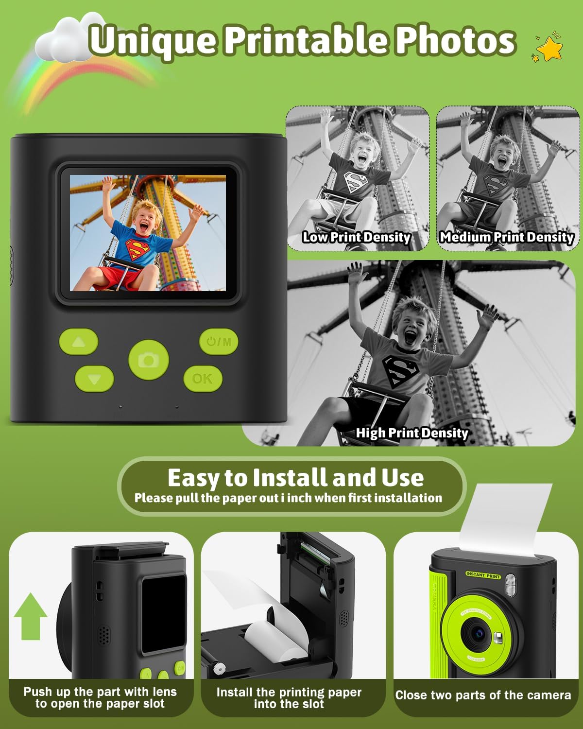 Mgaolo Kids Camera with Instant Print, Thermal Printing Digital Camera Gift for 3-12 Years Old Children, Safe Ink-Free Design, Toy for Creativity & Learning (Black)