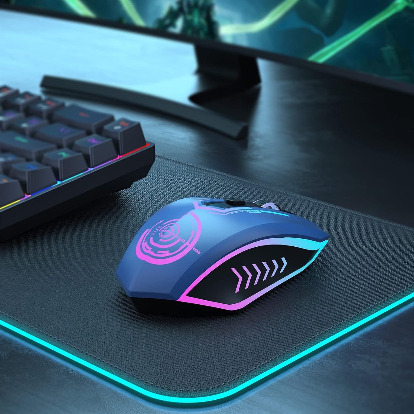 Wireless Gaming Mouse Up to 10000 DPI, UHURU Rechargeable USB Wireless Mouse with 6 Buttons 7 Changeable LED Color Ergonomic Programmable MMO RPG for PC Laptop, Compatible with Windows Mac