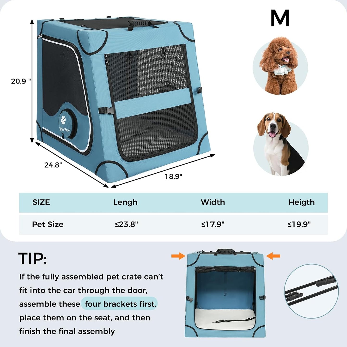 Snagle Paw Portable Dog Crate for Car Travel,Metal Frame Pet Crate,Pet Carrier for Car Back Seat Secures with Headrest Strap and Seatbelt,M