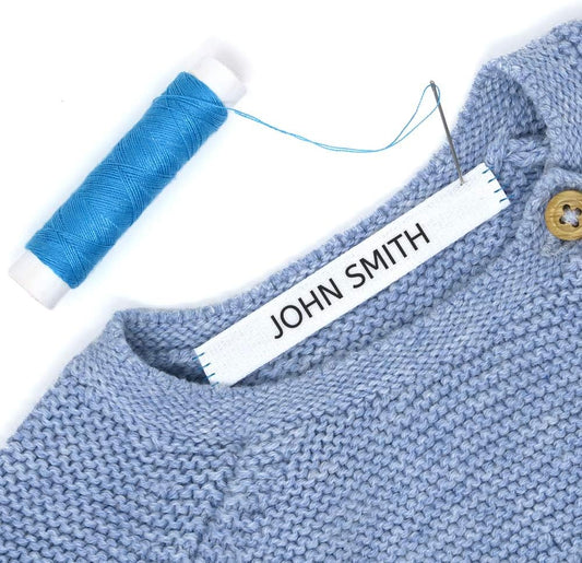 100 Custom Labels to sew on Clothes. Personalized 100% Cotton Fabric Labels. Name Tags on White Fabric to sew on Garments for Nurseries, Schools, Kindergarten and residences.