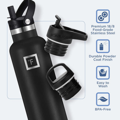 Camping & Hiking Hydration Canteens - 24oz 3 Lids (Narrow Straw/Spout Lid) Leak Proof Vacuum Insulated Stainless Steel - Hot & Cold Double Walled Sports Water Bottle