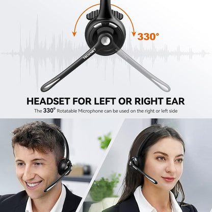 TECKNET Wireless Headset, Bluetooth Headphones with Noise Cancelling Microphone for Trucker, Hand Free Wireless Headset with Mute Mic for Cellphone/PC/Home/Office/Call Center