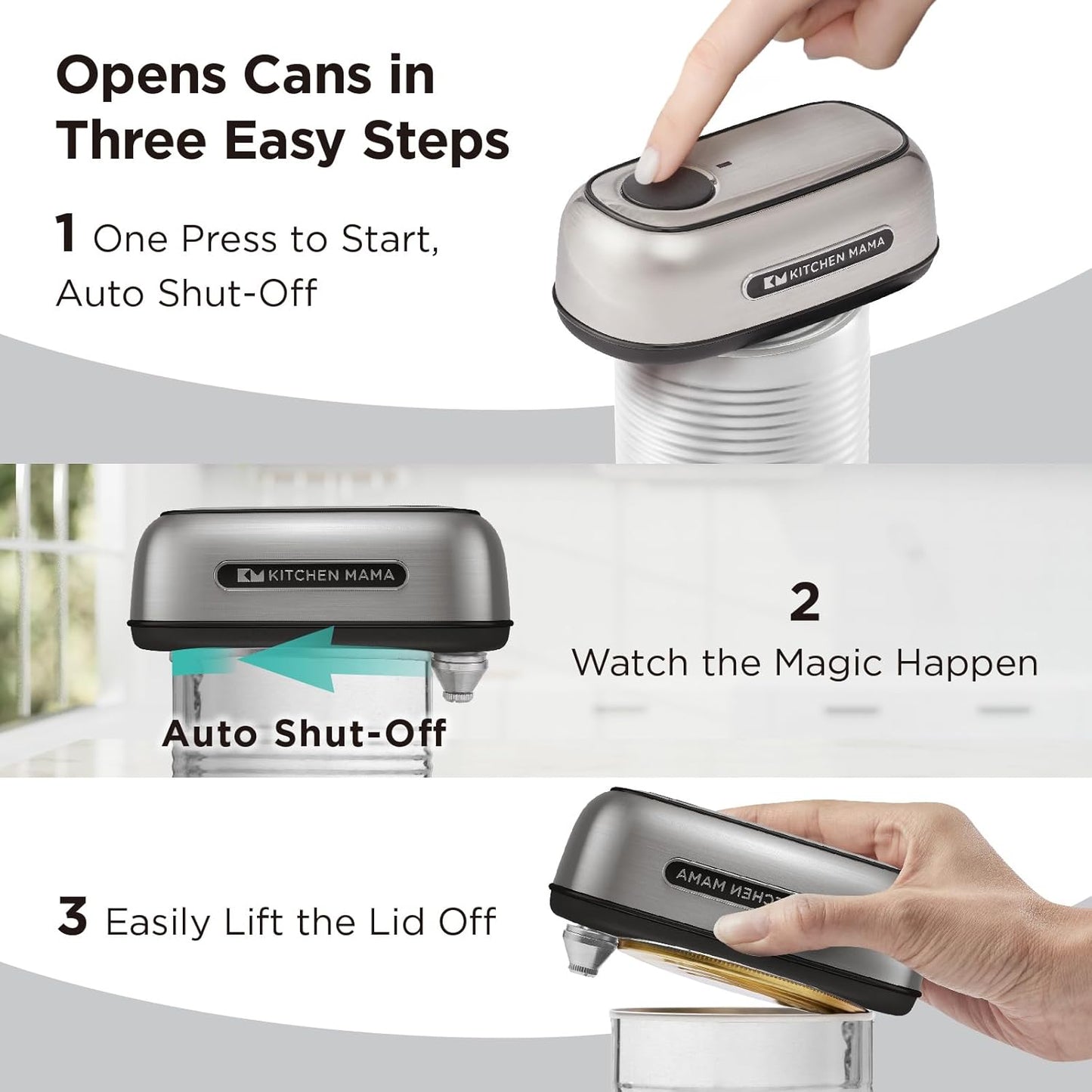 Kitchen Mama Orbit One Stainless Steel Rechargeable Electric Can Opener: Hands-Free, USB-C Charging, Automatic Stop, Smooth Edge, Safety, Blade for Large Cans, Heavy Duty, Soda Can and Pop Can