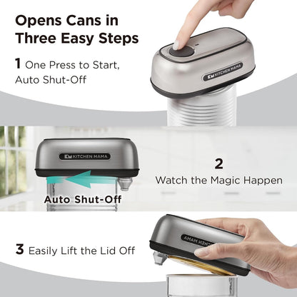 Kitchen Mama Orbit One Stainless Steel Rechargeable Electric Can Opener: Hands-Free, USB-C Charging, Automatic Stop, Smooth Edge, Safety, Blade for Large Cans, Heavy Duty, Soda Can and Pop Can