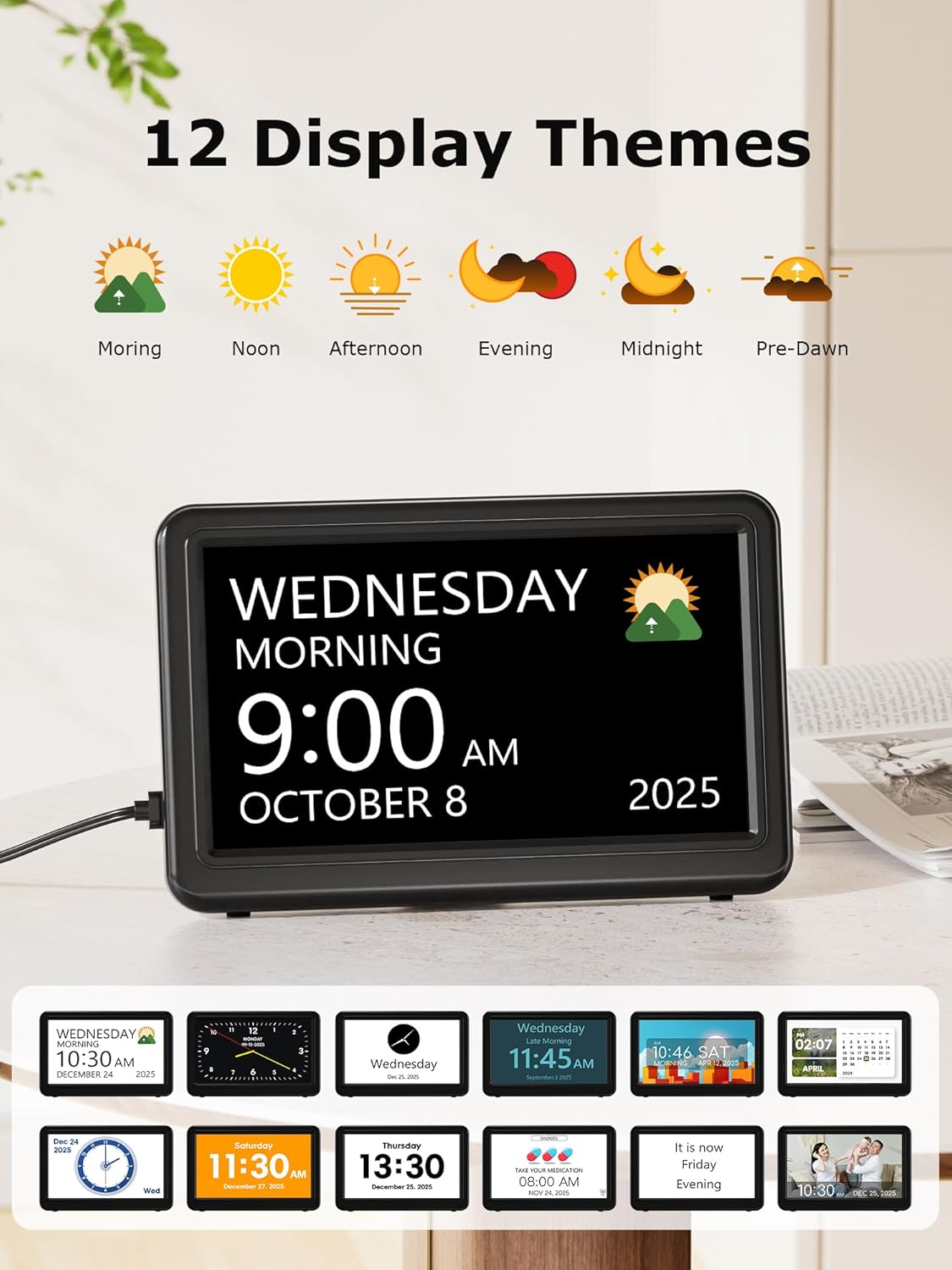 10.1'' Large Display Dementia Clock for Seniors, Calendar Clock with Remote Control,12 Themes, 20 Alarms, 20 Reminders, 6 Languages, Auto Dimming, 12/24 Hours, Indoor Temperature, Humidity