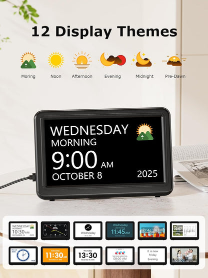 10.1'' Large Display Dementia Clock for Seniors, Calendar Clock with Remote Control,12 Themes, 20 Alarms, 20 Reminders, 6 Languages, Auto Dimming, 12/24 Hours, Indoor Temperature, Humidity
