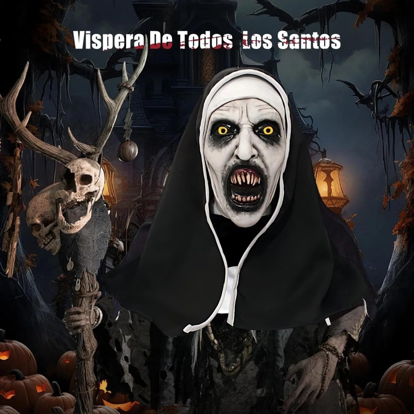 The Nun Mask, Halloween Nun Full Head Latex Mask, Cross Necklace and Claw Gloves for Women Adults for Cosplay Halloween