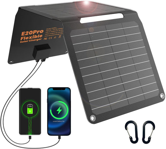 20W Solar Panel, ETFE Foldable Portable Small Solar Panels, Monocrystalline PV Module Solar Charger with QC3.0 USB A/USB C Ports, IP67 Waterproof Power Emergency for Phone Power Bank Tablet