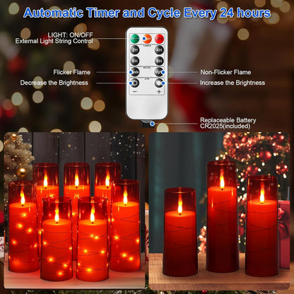 Liomus Flickering Flameless Candles, LED Pillar Canldes with String Light, Battery Operated Remote Control Timer Flameless Candles (D2.3 x H5 6 7in) for Wedding Christmas Home Decor - A Set of 7 - Red