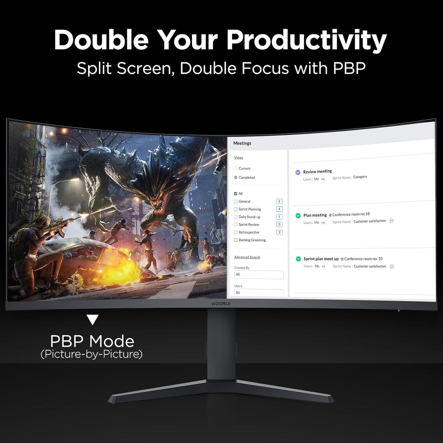 KOORUI 27 inch Gaming Monitor, QHD (2560 x 1440) R1500 180Hz Curved Monitors, AdaptiveSync with 1ms, VESA Compatible, HDR10, 1 x Display Port 1.4 & 2 x HDMI 2.0, Eye Care 27E6QCA