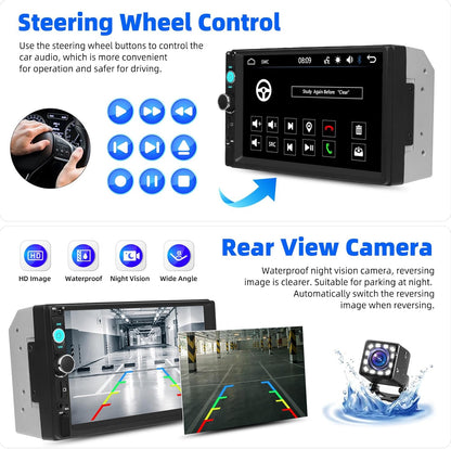Universal Double Din Car Stereo 7 inch Touchscreen Radio with Mirror Link FM Receiver Multimedia Player Head Unit Bluetooth EQ USB TF AUX+ 12 LED Backup Camera MIC