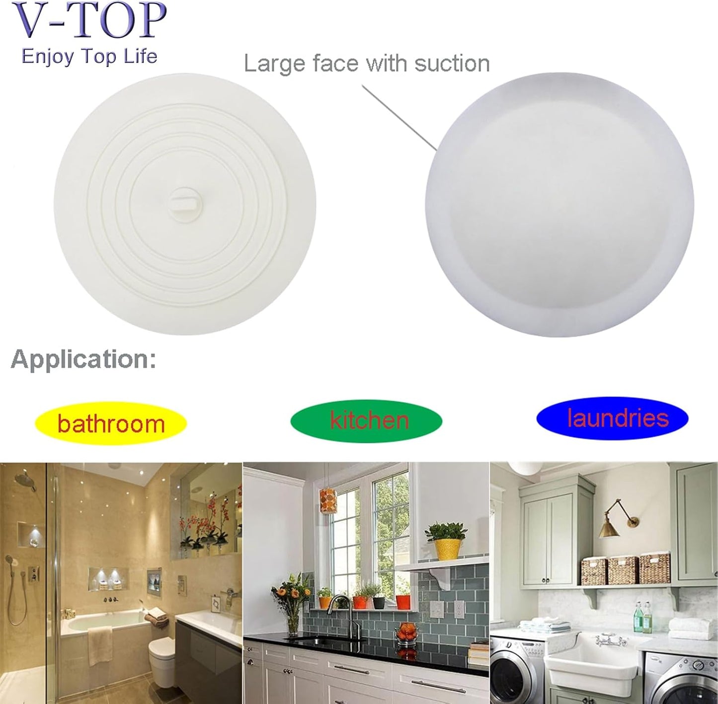 V-TOP Tub Stopper 2 Pack, 6 inches Large Silicone Drain Plug Hair Stopper Flat Suction Cover for Kitchen Bathroom Accessories and Laundry