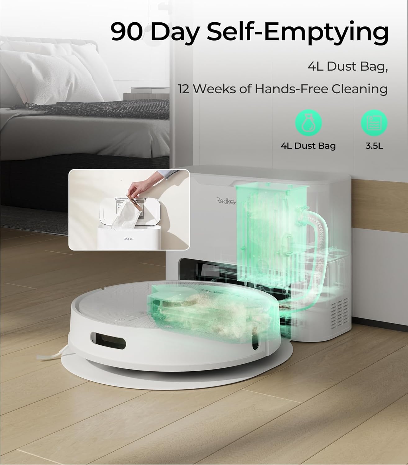 Redkey R10 Robot Vacuum, 3-in-1 Vacuum Robot with Suction Station and Mop, LiDAR Navigation, Powerful 4000Pa Suction Power, 4L Dust Bag, 90 Days Hands-Free Cleaning, Ideal for Pet Hair Cleaning