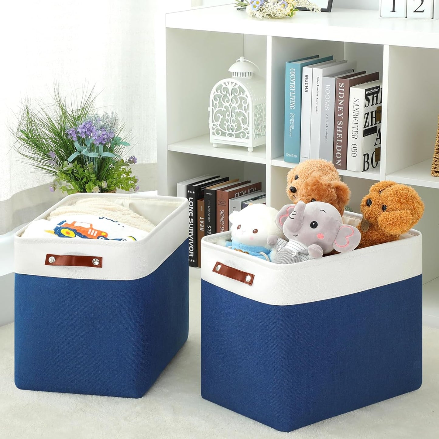 DULLEMELO Storage Baskets for Shelves, Fabric Collapsible Rectangular Storage Bins for Shelves, Closets, Nursery, Home, Office, Empty Gift Baskets (White&Teal)