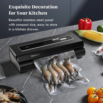 Mesliese 6-in-1 Vacuum Sealer, 2 Bag Rolls & 5 Pre-cut Bags, Dry/Moist Modes | Gray, 90kPa Compact Vacuum Food Sealing Machine, Smart Suction, Stainless Steel Panel, External Vacuum for Jars, Cutter
