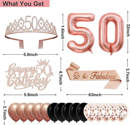 40th Birthday Decorations for Women,32pcs 40th Birthday Party Decorations,Including Backdrop, Crown,Sash,banner, Hanging Swirl,Cake Topper,balloons,Paper Fans,Anniversary Card and paper fans
