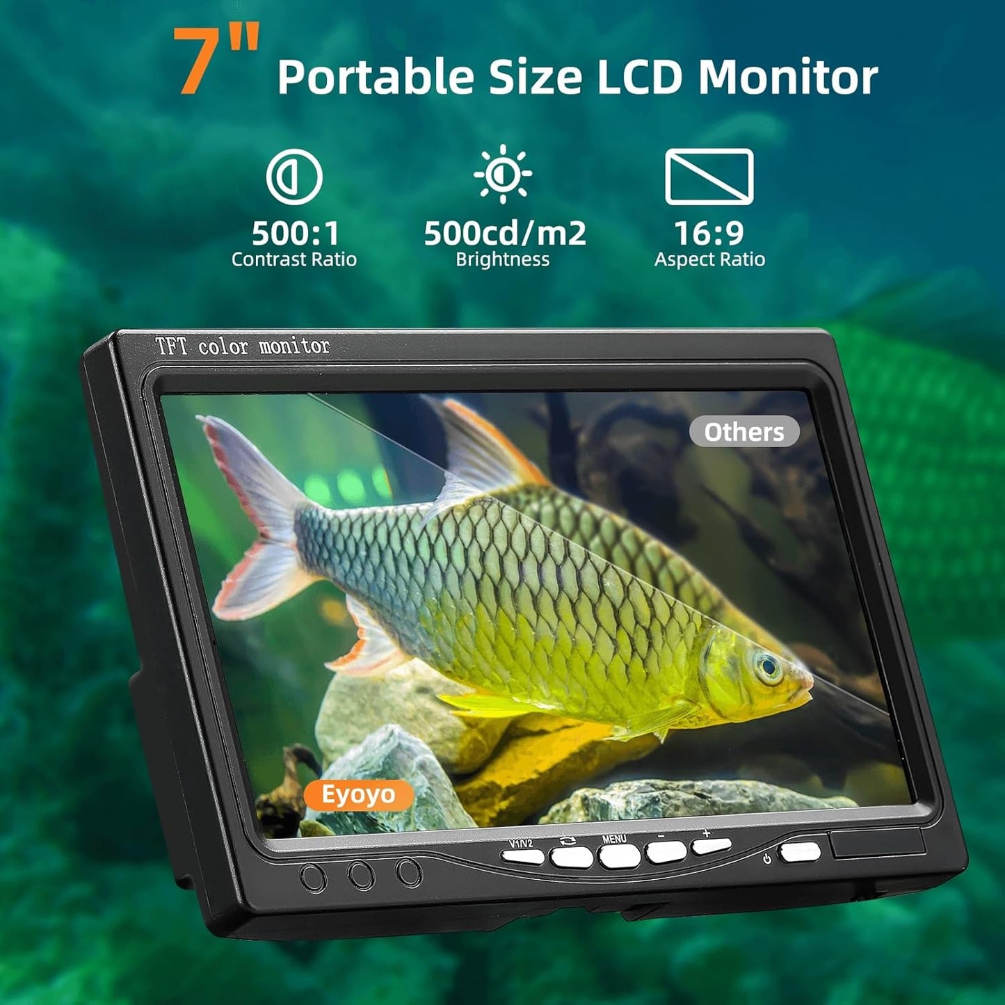 Eyoyo Underwater Fishing Camera Video Fish Finder - 7" Monitor, 1000TVL Camera With 12 White Lights, 30m Cable for Sea/River/Ice Fishing