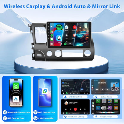8 Core 6G 128G Android Car Stereo for Honda Civic 2006-2011 Wireless Carplay Android Auto, 10.1’’ Touchscreen Car Radio with Bluetooth GPS Navigation WiFi Mirror Link FM/RDS DSP AHD Backup Camera SWC