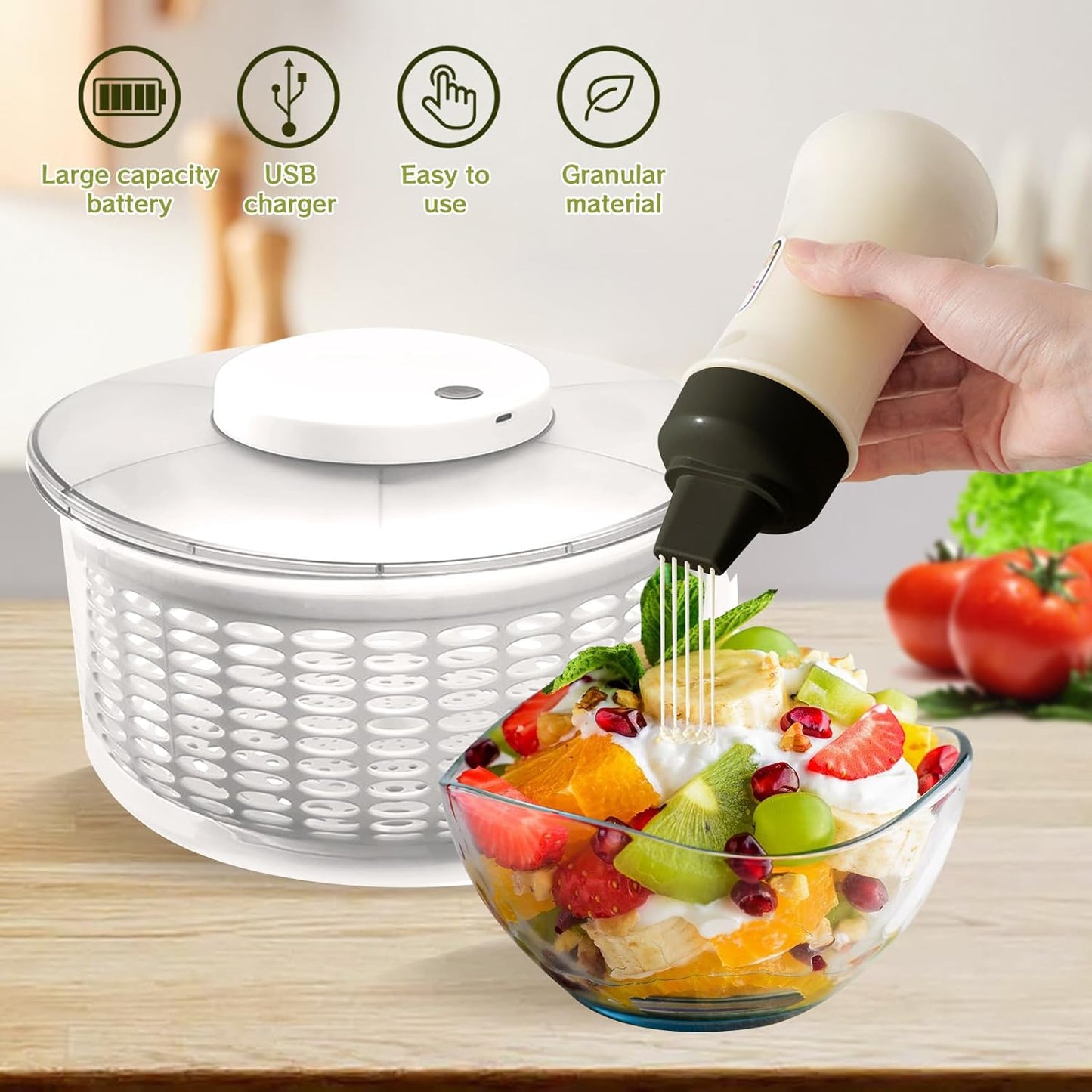 Electric Salad Spinner,6L Large Capacity Lettuce Spinner,Automatic Vegetables Fruit Washer Dryer Drainer Strainer,USB Charge,Quick Dehydrator with 350 ml Squeeze Bottle for Home Kitchen