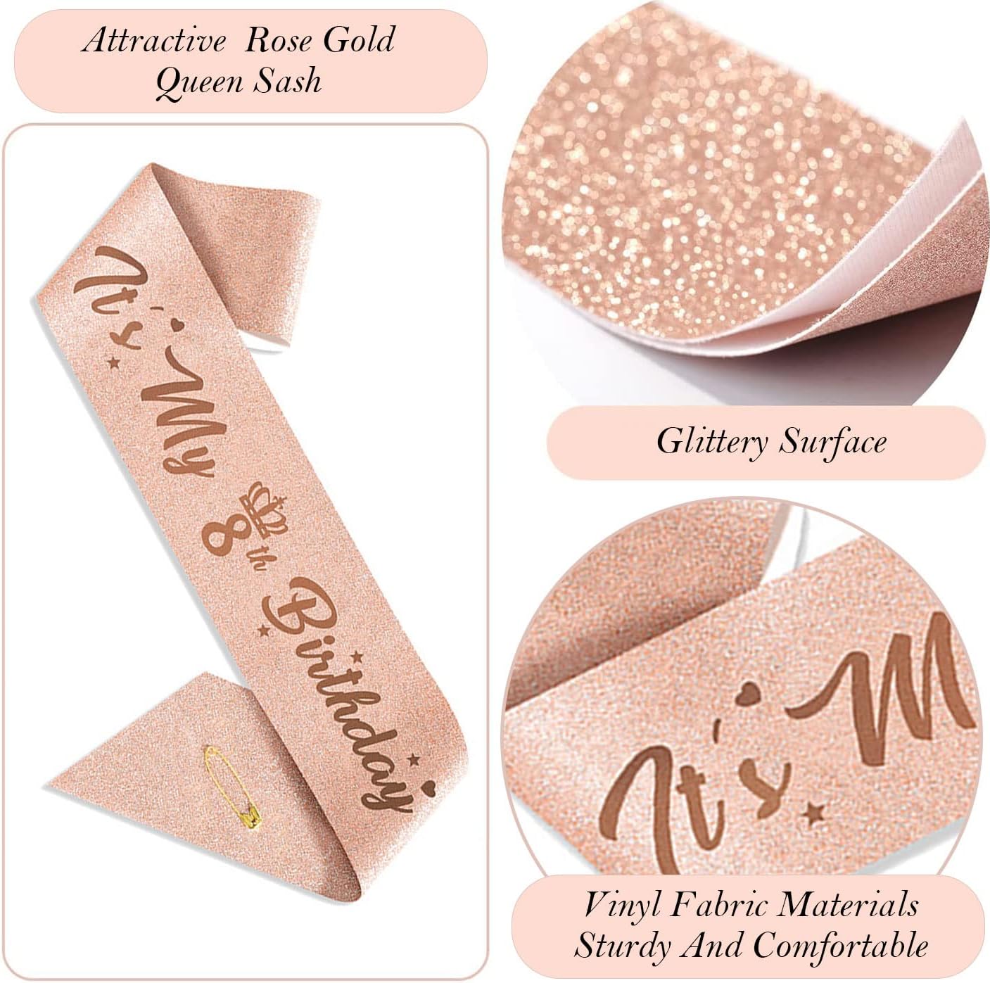 8pcs 40th Birthday Decorations gifts for Women, Including 40th Happy Birthday Cake Topper, Queen Sash with Pearl Pin, Sweet Rhinestone Tiara Crown for Women, Number Candles and Balloons (Rose Gold)