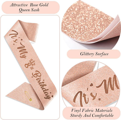 8pcs 40th Birthday Decorations gifts for Women, Including 40th Happy Birthday Cake Topper, Queen Sash with Pearl Pin, Sweet Rhinestone Tiara Crown for Women, Number Candles and Balloons (Rose Gold)