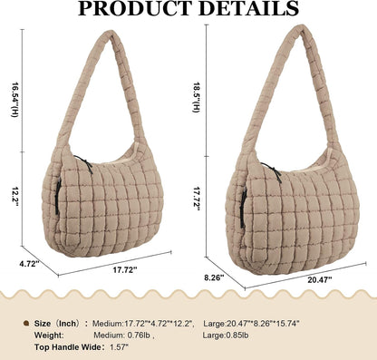 Quilted Puffer Tote Bag Large Crossbody Shoulder Bag with Zipper, Nylon Hobo Oversized Handbag