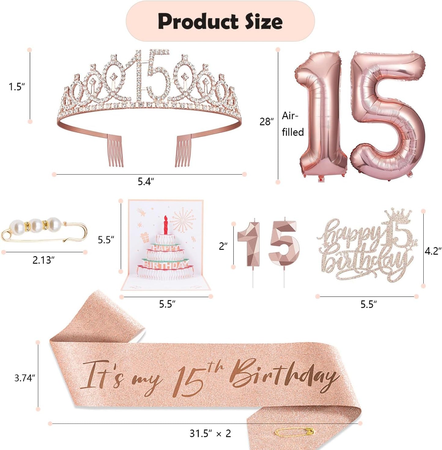8pcs 40th Birthday Decorations gifts for Women, Including 40th Happy Birthday Cake Topper, Queen Sash with Pearl Pin, Sweet Rhinestone Tiara Crown for Women, Number Candles and Balloons (Rose Gold)