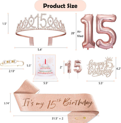 8pcs 40th Birthday Decorations gifts for Women, Including 40th Happy Birthday Cake Topper, Queen Sash with Pearl Pin, Sweet Rhinestone Tiara Crown for Women, Number Candles and Balloons (Rose Gold)