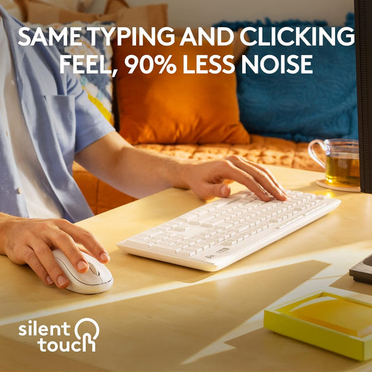 Logitech MK295 Wireless Mouse & Keyboard Combo with SilentTouch Technology, Full Numpad, Advanced Optical Tracking, Lag-Free Wireless, 90% Less Noise - Off - White - PuriLite