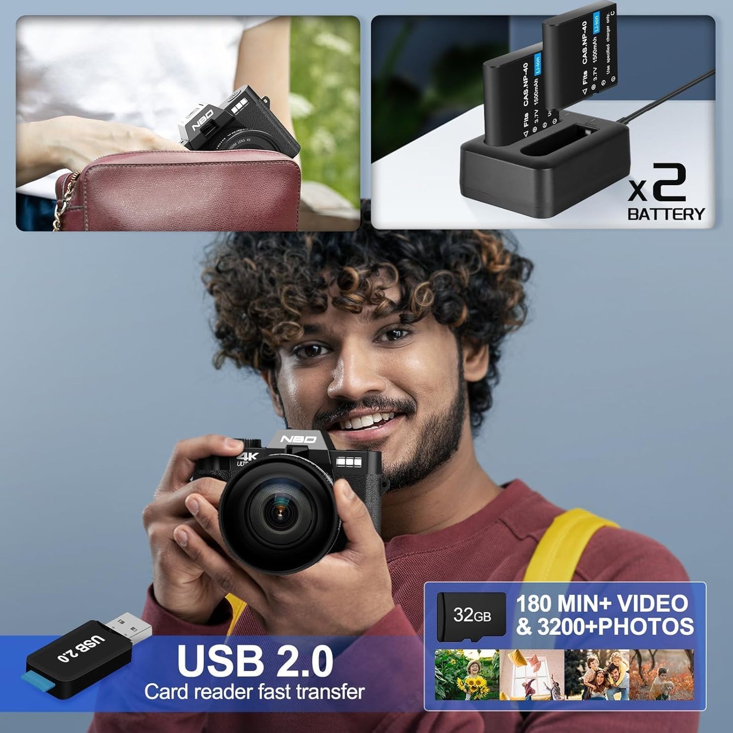 NBD 4K Digital Camera for Photography 48MP Video Vlogging Camera for YouTube with 3" 180° Flip Screen WiFi, 16X Digital Zoom Cameras with 32GB Micro Card, Wide-Angle & Macro Lens (Black)