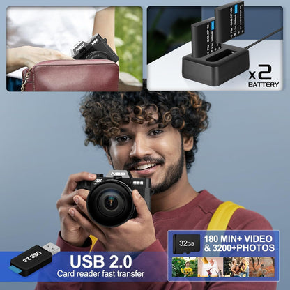 NBD 4K Digital Camera for Photography 48MP Video Vlogging Camera for YouTube with 3" 180° Flip Screen WiFi, 16X Digital Zoom Cameras with 32GB Micro Card, Wide-Angle & Macro Lens (Black)