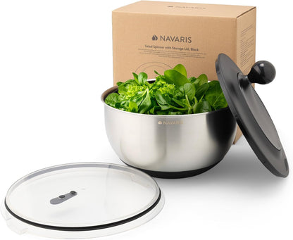 Navaris Salad Spinner with Lid - Salad Spinner Stainless Steel - Salad Dryer - Easy Washing, Drying and Spinning - Includes Grating and Slicing Discs