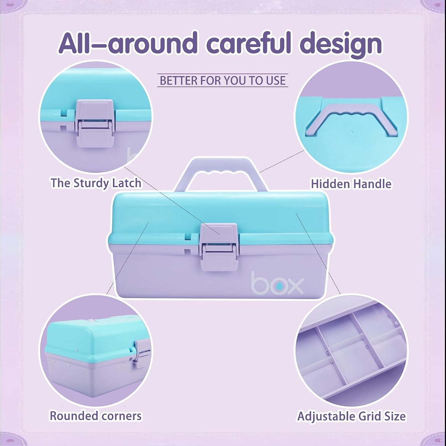 30cm Three-Layer Multipurpose Storage Box Organizer Folding Tool Box/Art & Crafts Case/Sewing Supplies Organizer/Medicine Box/Family First Aid Box with 2 Trays (Purple Blue)