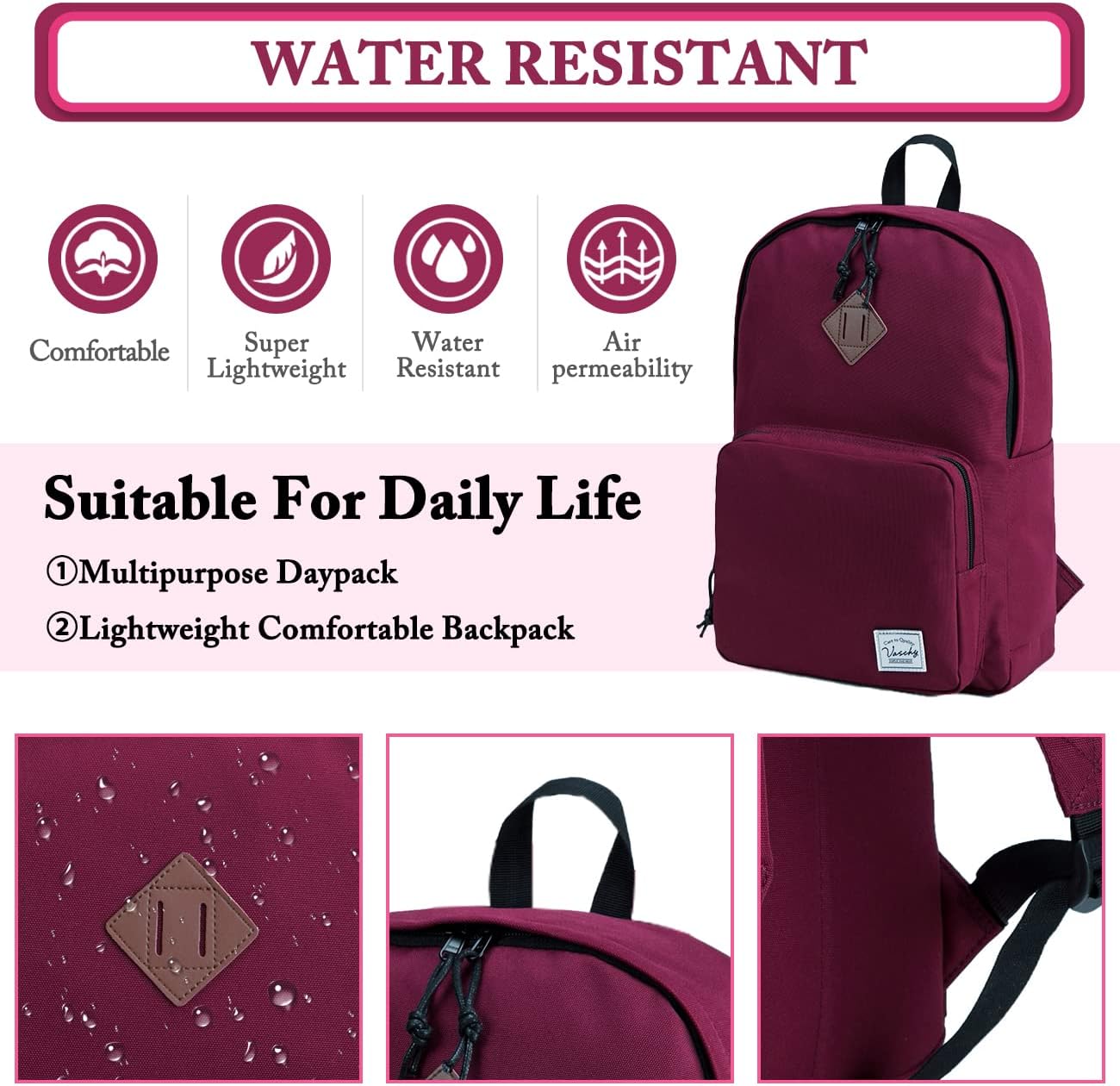 VASCHY Lightweight School Backpack for Women with Sleeve for 14" Laptop