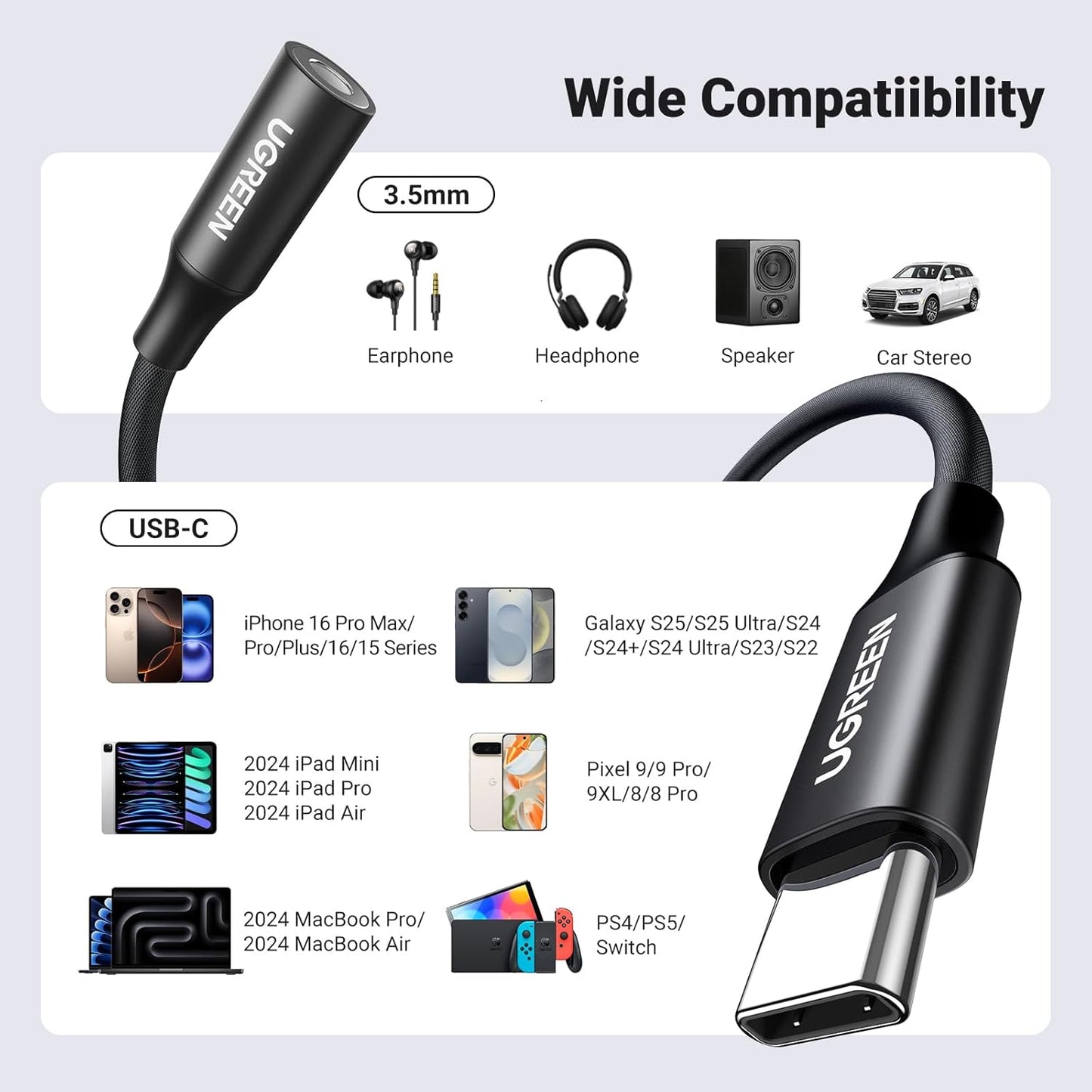 UGREEN USB C to 3.5mm Headphone Audio Adapter, HiFi DAC Stereo 24bit/96kHz USB C to Aux Jack, Dongle Earphone Compatible with iPhone 15 Pro, iPad, Galaxy S24 S23 Ultra, Pixel, 10cm