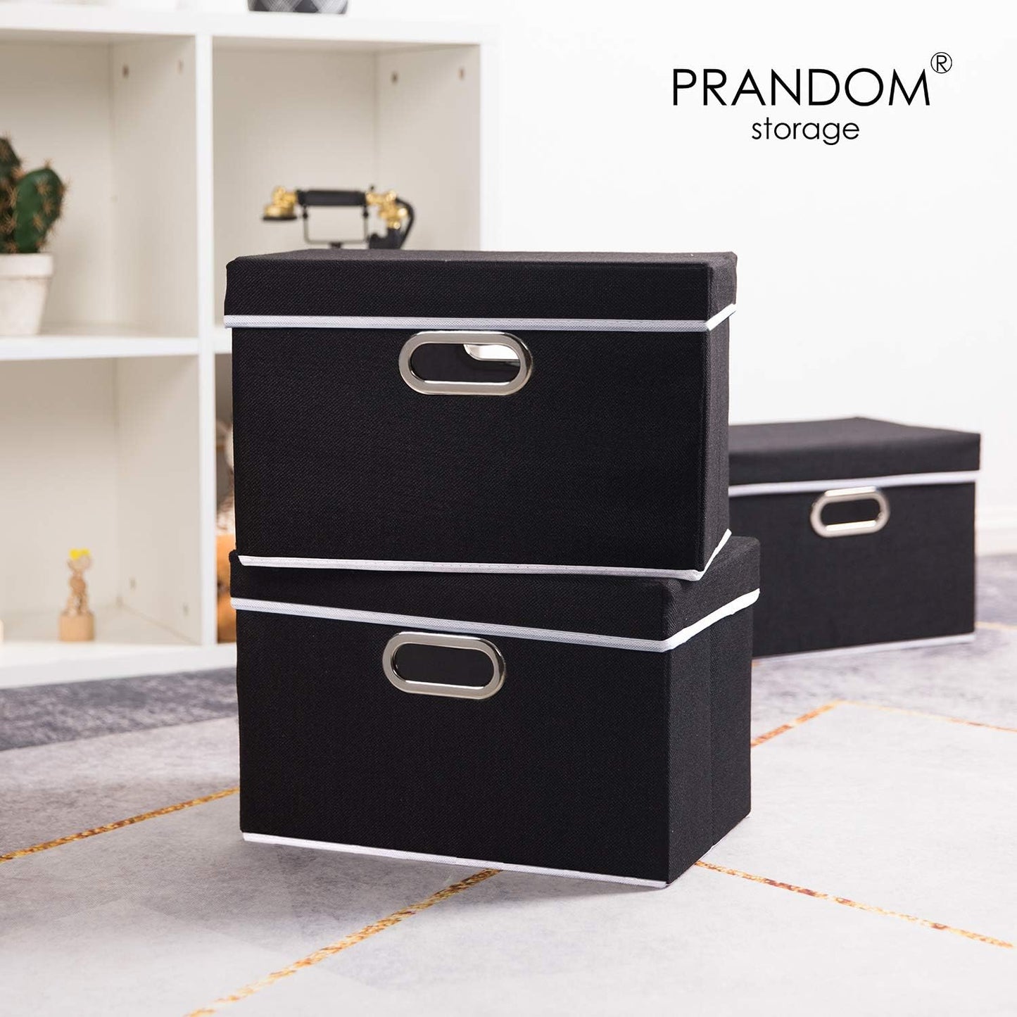 PRANDOM Large Foldable Storage Bin with Lid [1-Pack] Linen Fabric Decorative Storage Box Organizer Containers Basket Cube with Handles Divider for Bedroom Closet Office Living Room (17.7x11.8x11.8")