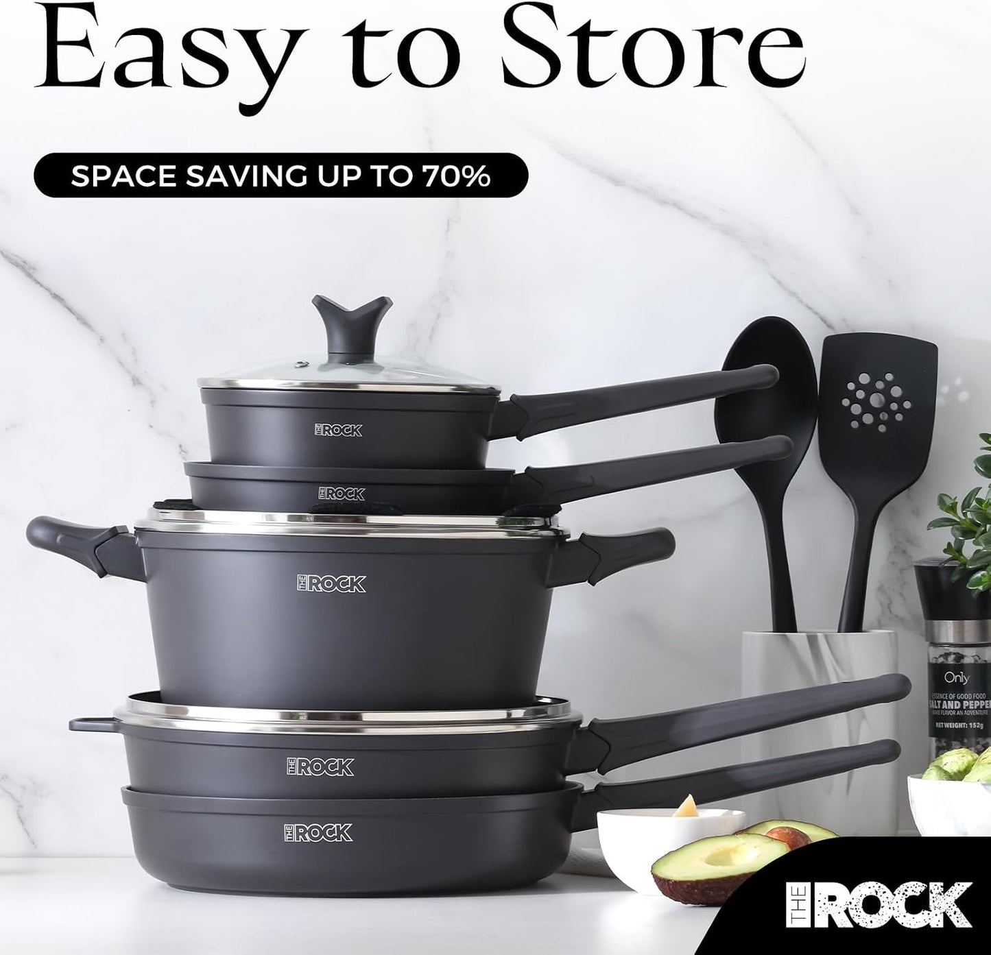 THE Rock SOHO 15Pcs Cookware Set – Pots and Pans Set Non Stick with Rock.TEC – Compact for Urban Kitchens, Nothing Sticks, Never Warps, Lasts Longer, Induction & Dishwasher Safe, Black