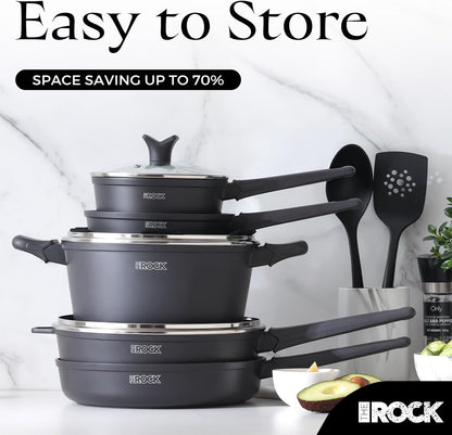 THE Rock SOHO 15Pcs Cookware Set – Pots and Pans Set Non Stick with Rock.TEC – Compact for Urban Kitchens, Nothing Sticks, Never Warps, Lasts Longer, Induction & Dishwasher Safe, Black