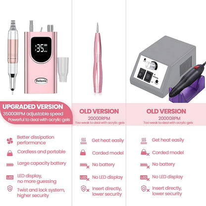Delanie Professional Nail Drill High Torque 35000 RPM Rechargeable Portable Electric Nail File for Acrylic & Gel, High Speed, Low Heat, Low Vibration, Rose Gold